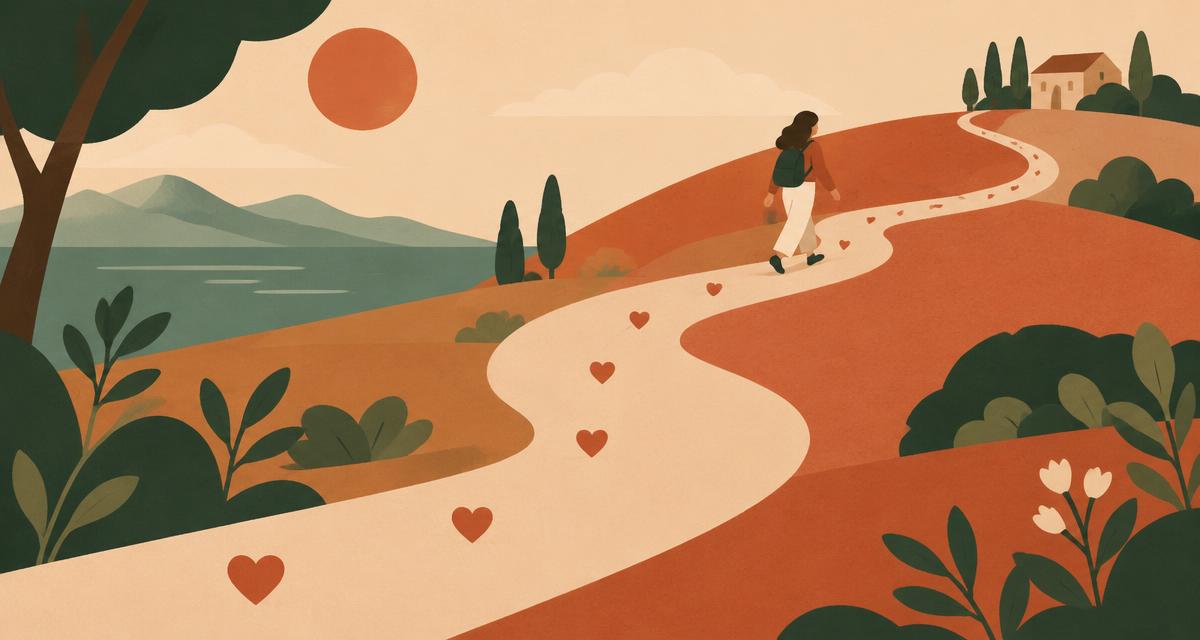 A person walking a long winding path with hearts along the way