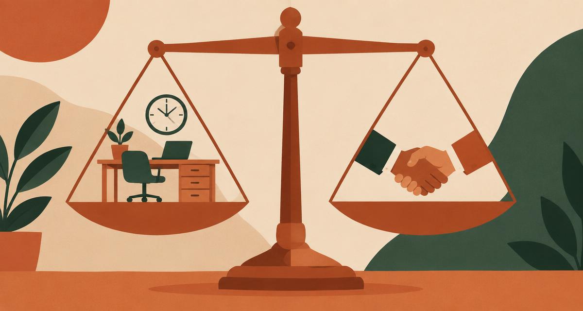 A scale weighing an office desk and clock against a handshake