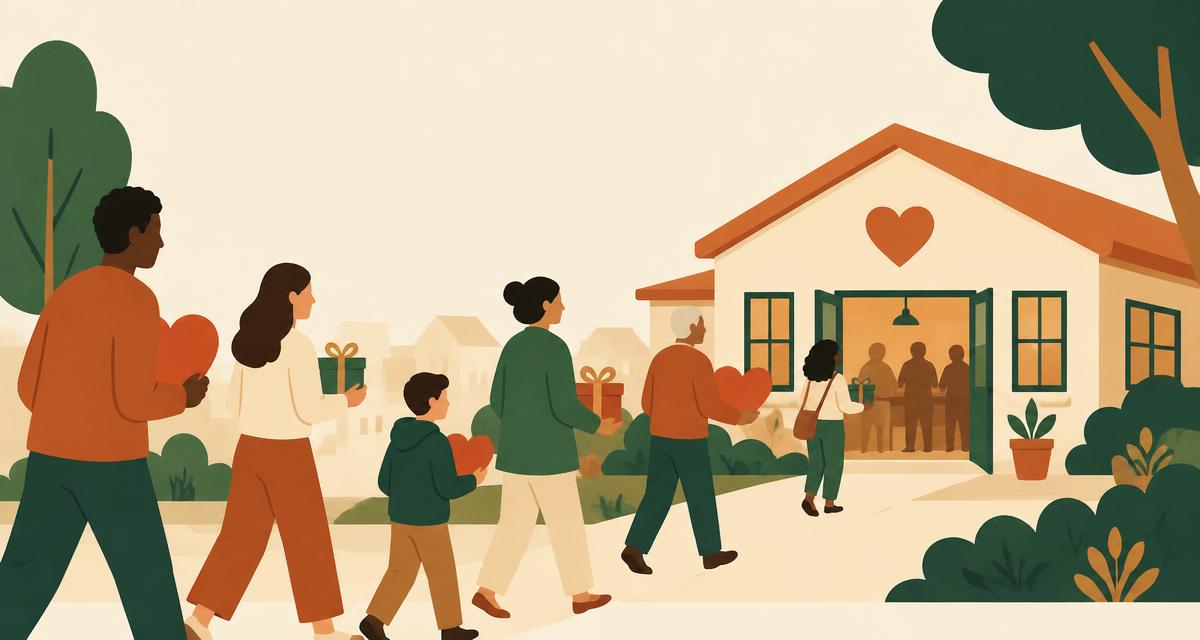 Neighbors carrying hearts and gifts toward a community nonprofit