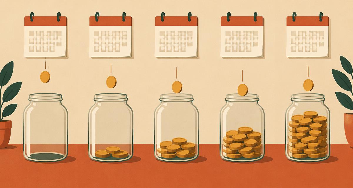 Calendar pages above jars slowly filling with coins