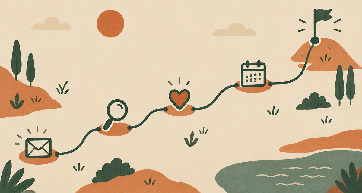 A hand-drawn map with a path linking email, search, and giving toward a flag