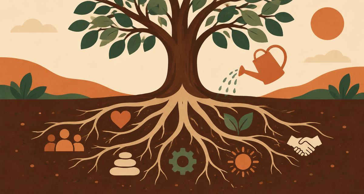 A tree with roots of support beneath it, watered by a watering can